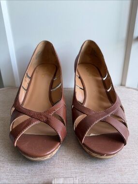 Nine West Brown Leather Crisscross Peep-Toe Wedges